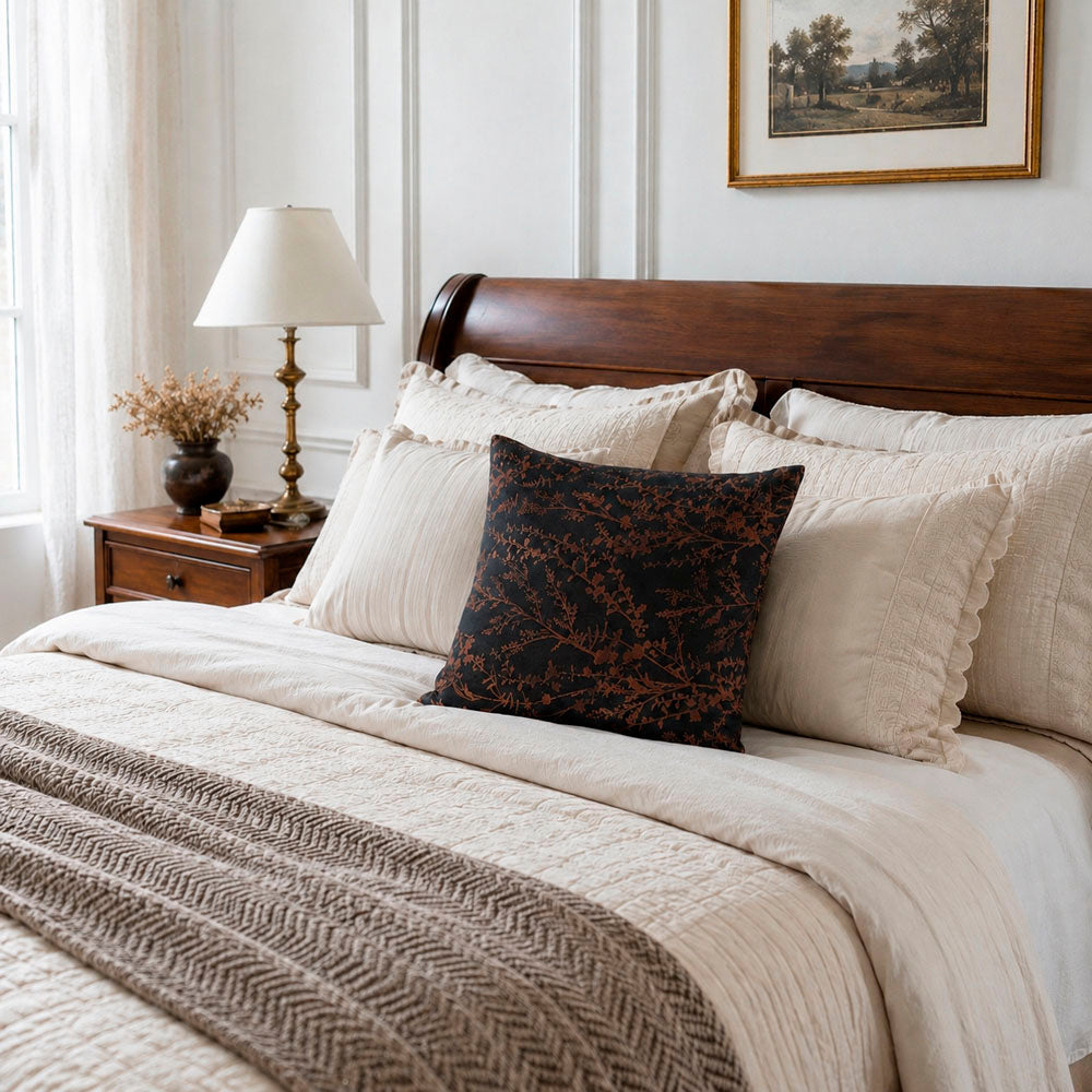 Noir Silky Botanical Jacquard Pillow Cover