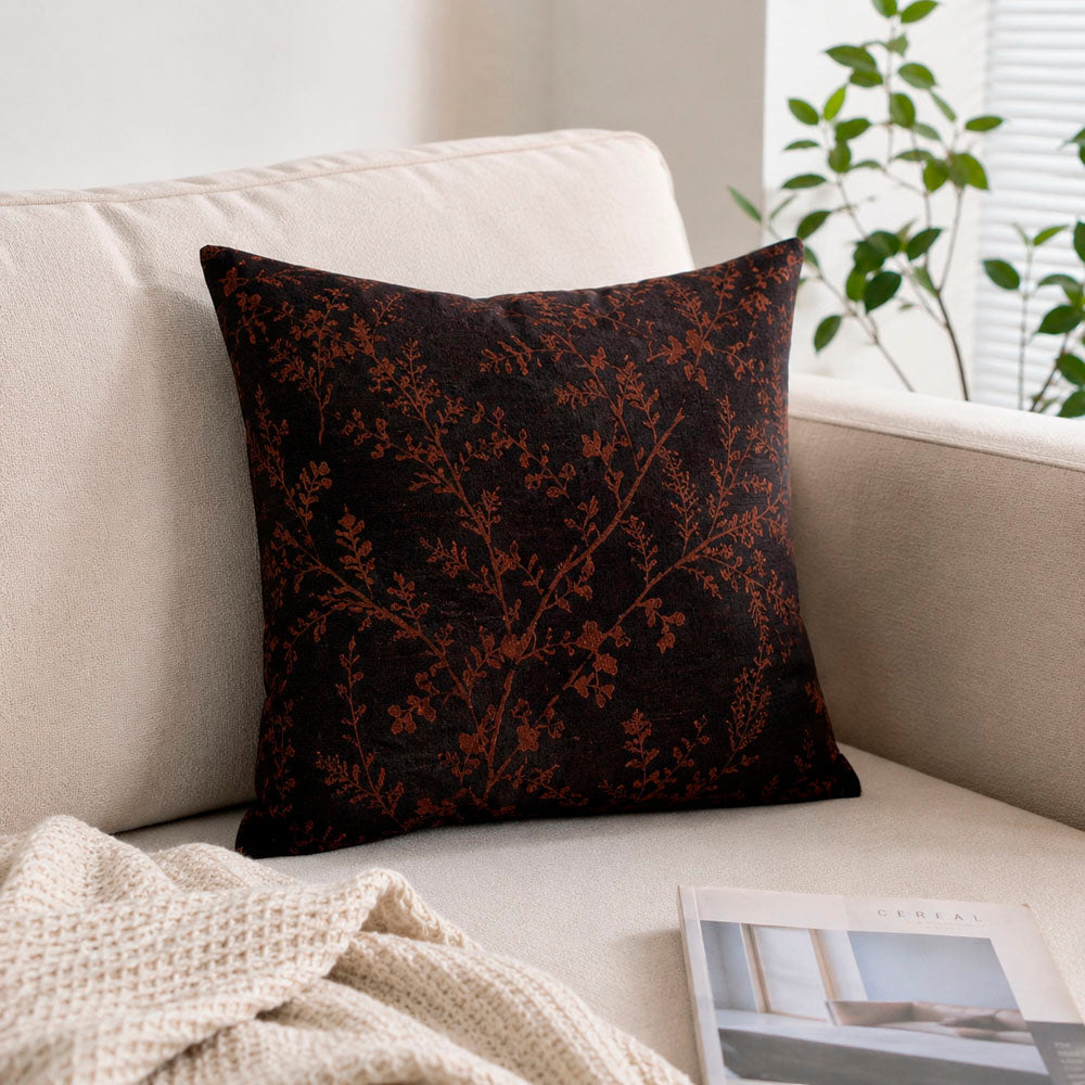 Noir Silky Botanical Jacquard Pillow Cover