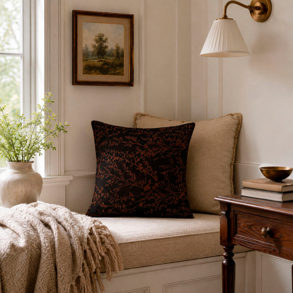 Noir Silky Botanical Jacquard Pillow Cover
