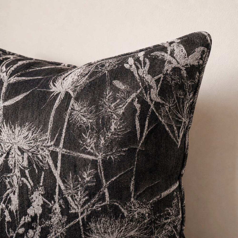 Noir Silky Botanical Jacquard Pillow Cover