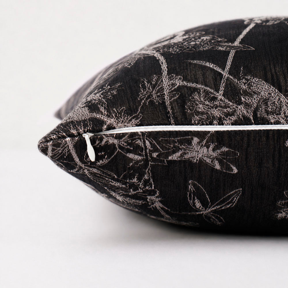 Noir Silky Botanical Jacquard Pillow Cover