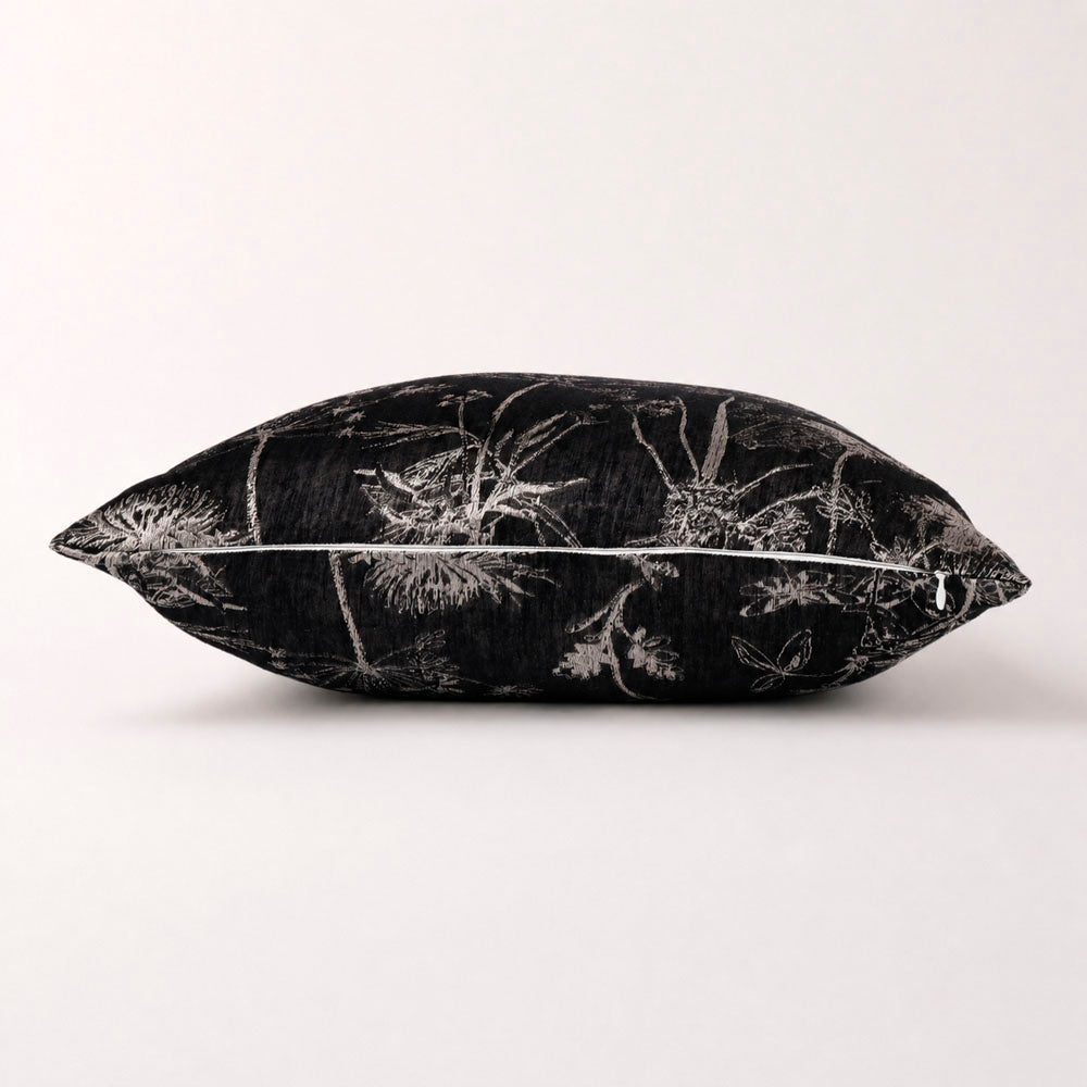 Noir Silky Botanical Jacquard Pillow Cover