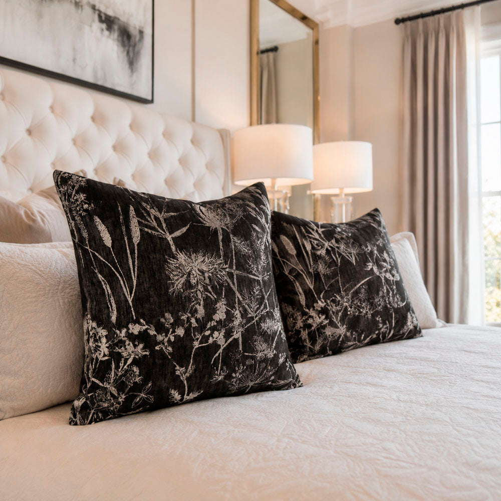 Noir Silky Botanical Jacquard Pillow Cover