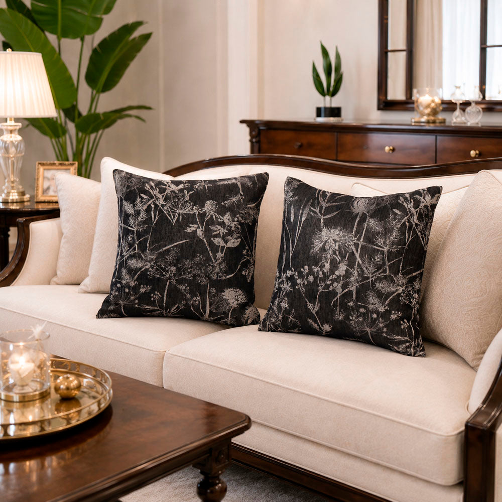 Noir Silky Botanical Jacquard Pillow Cover