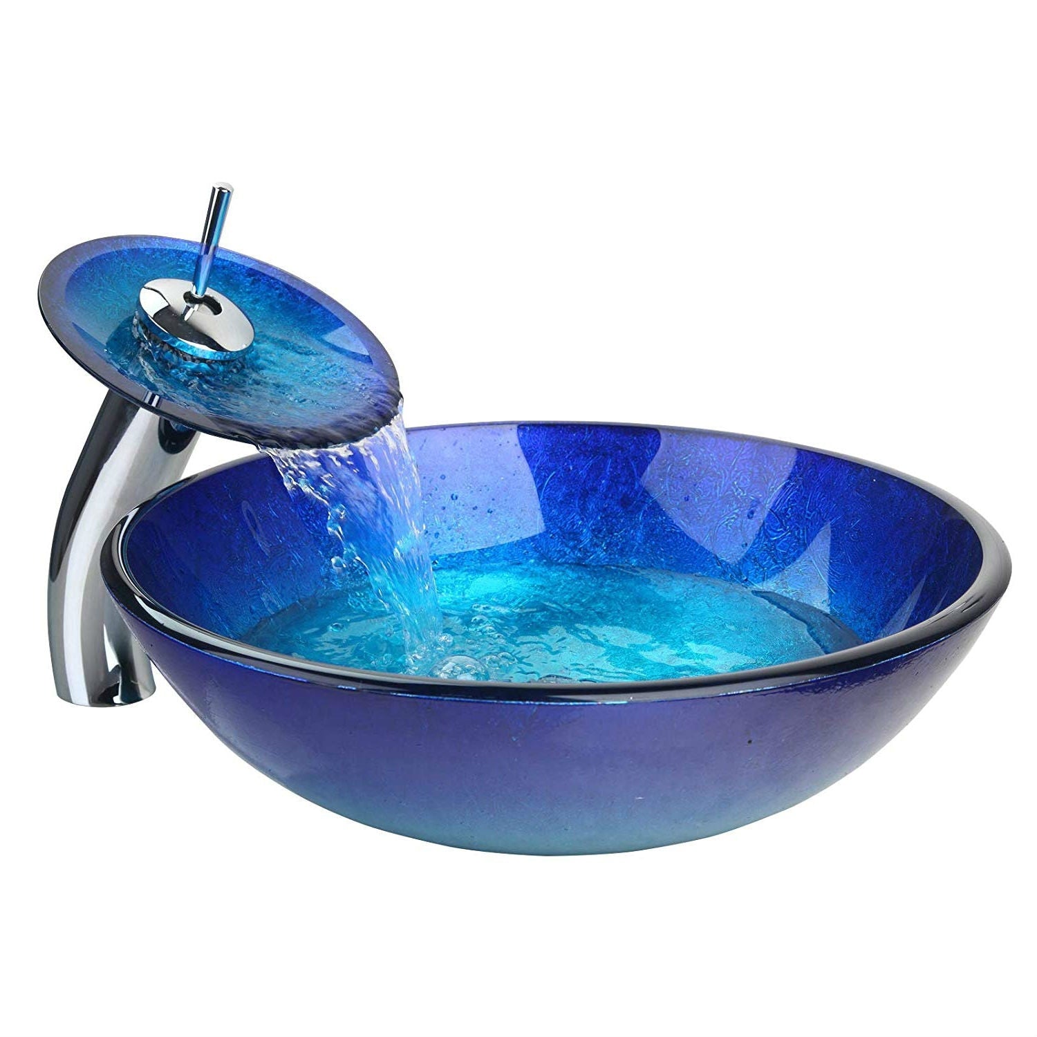 Modern Blue Glass Bathroom Vessel Sink and Faucet with Chrome Drain-0