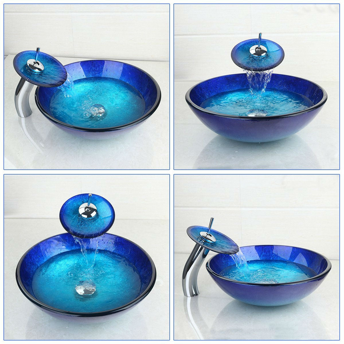 Modern Blue Glass Bathroom Vessel Sink and Faucet with Chrome Drain-1