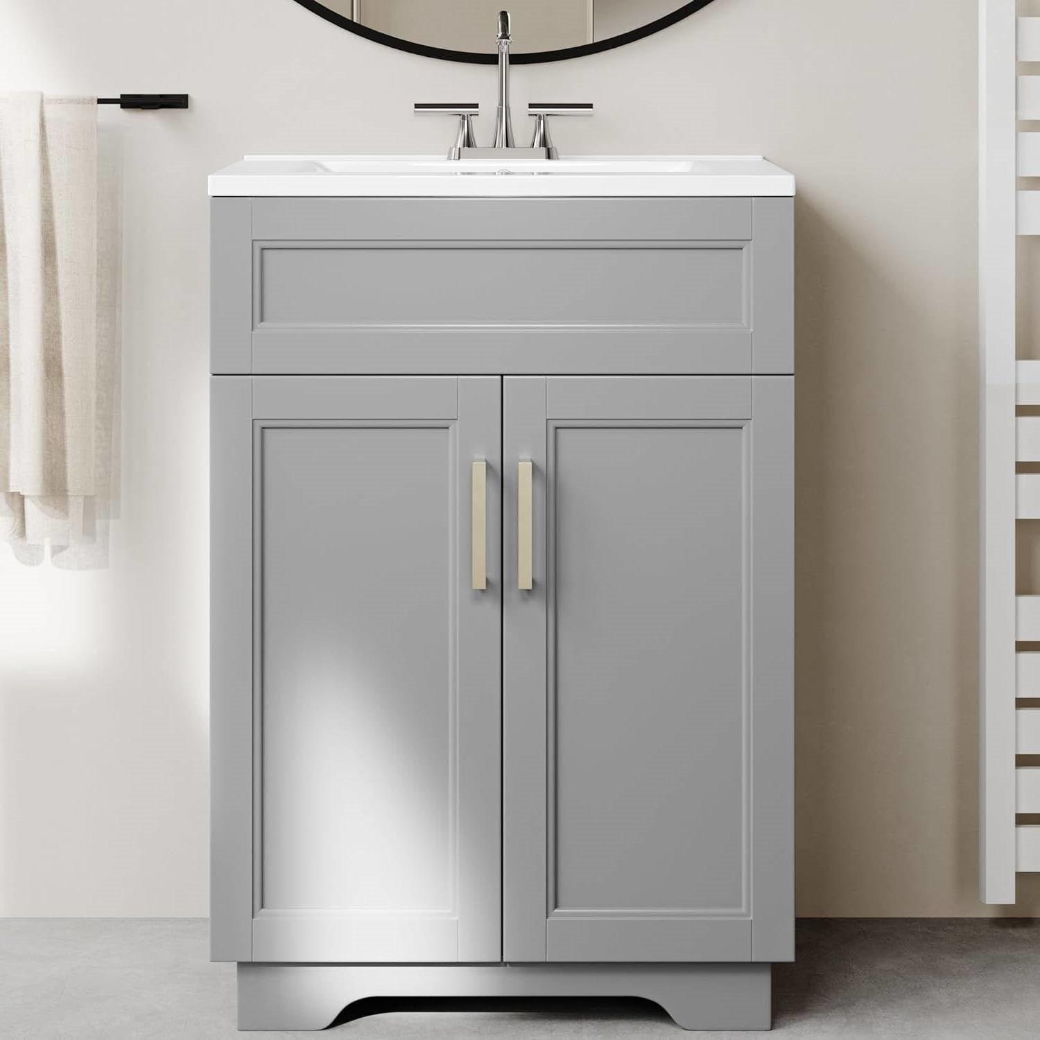 Modern Gray Wood Finish Bathroom Vanity with White Ceramic Sink - PRHOMZ