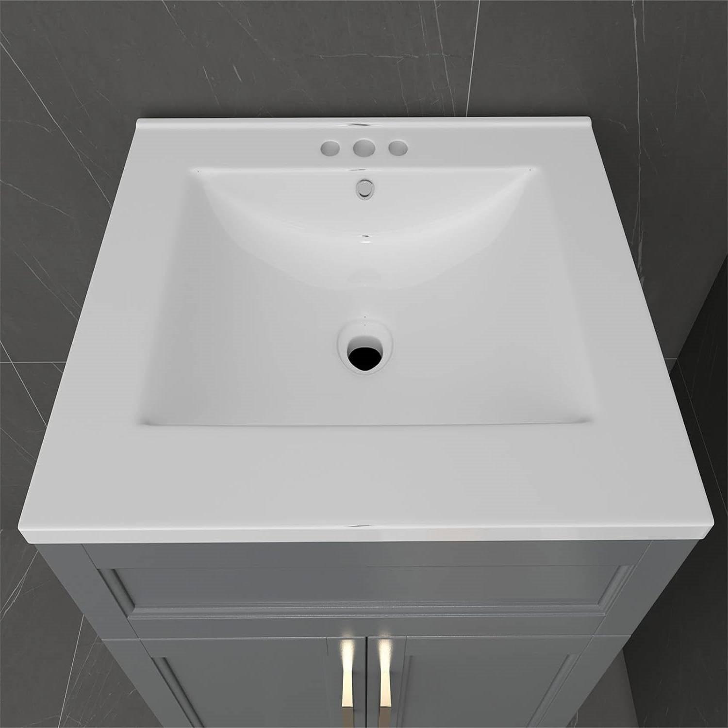 Modern Gray Wood Finish Bathroom Vanity with White Ceramic Sink - PRHOMZ