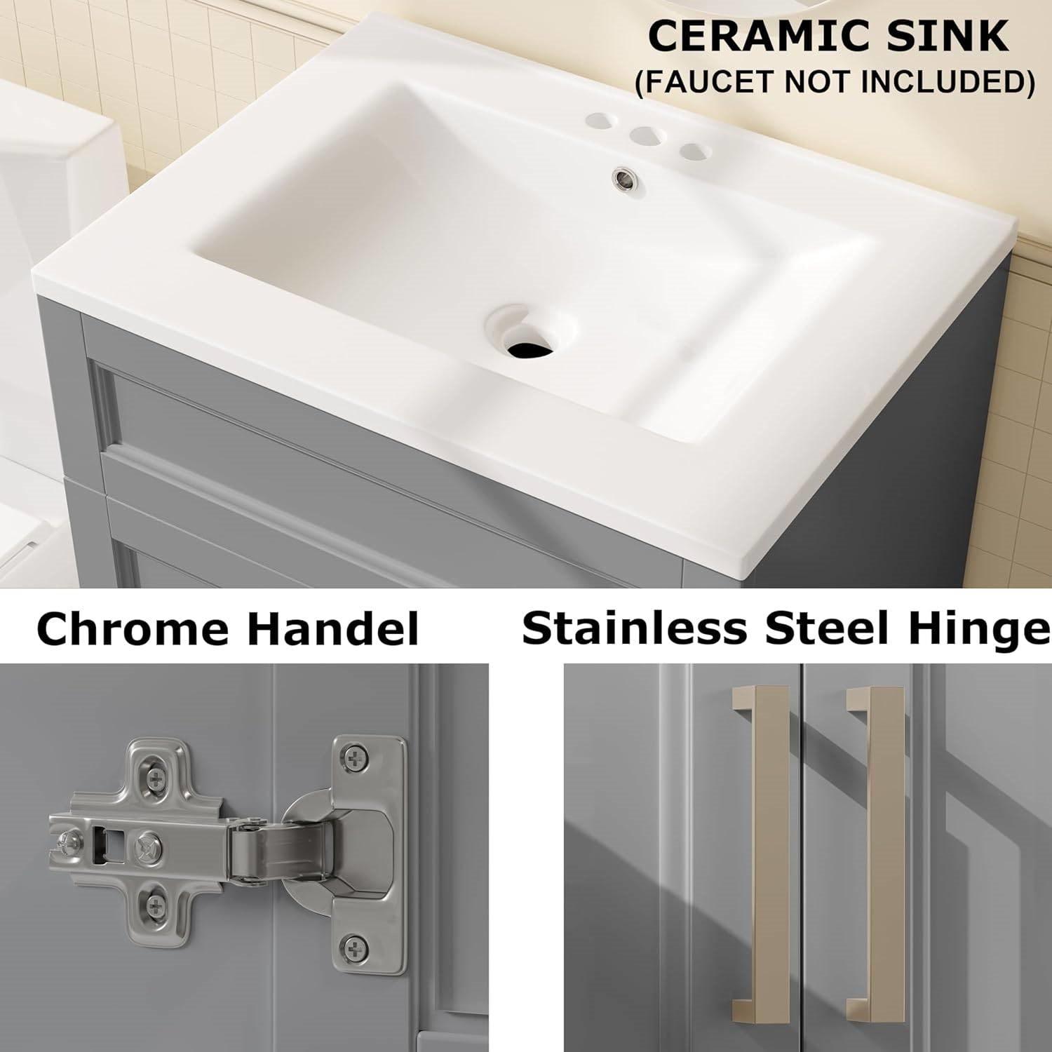 Modern Gray Wood Finish Bathroom Vanity with White Ceramic Sink - PRHOMZ