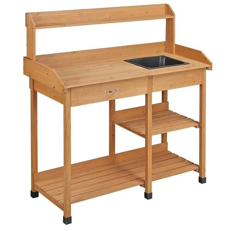 Outdoor Garden Wood Potting Bench Work Table with Sink in Light Oak Finish - PRHOMZ