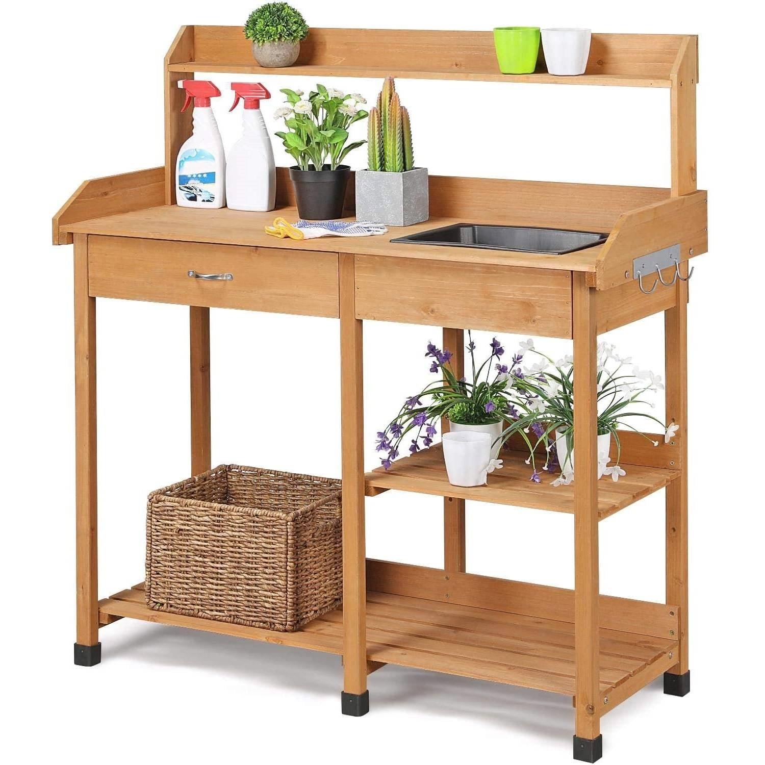 Outdoor Garden Wood Potting Bench Work Table with Sink in Light Oak Finish - PRHOMZ