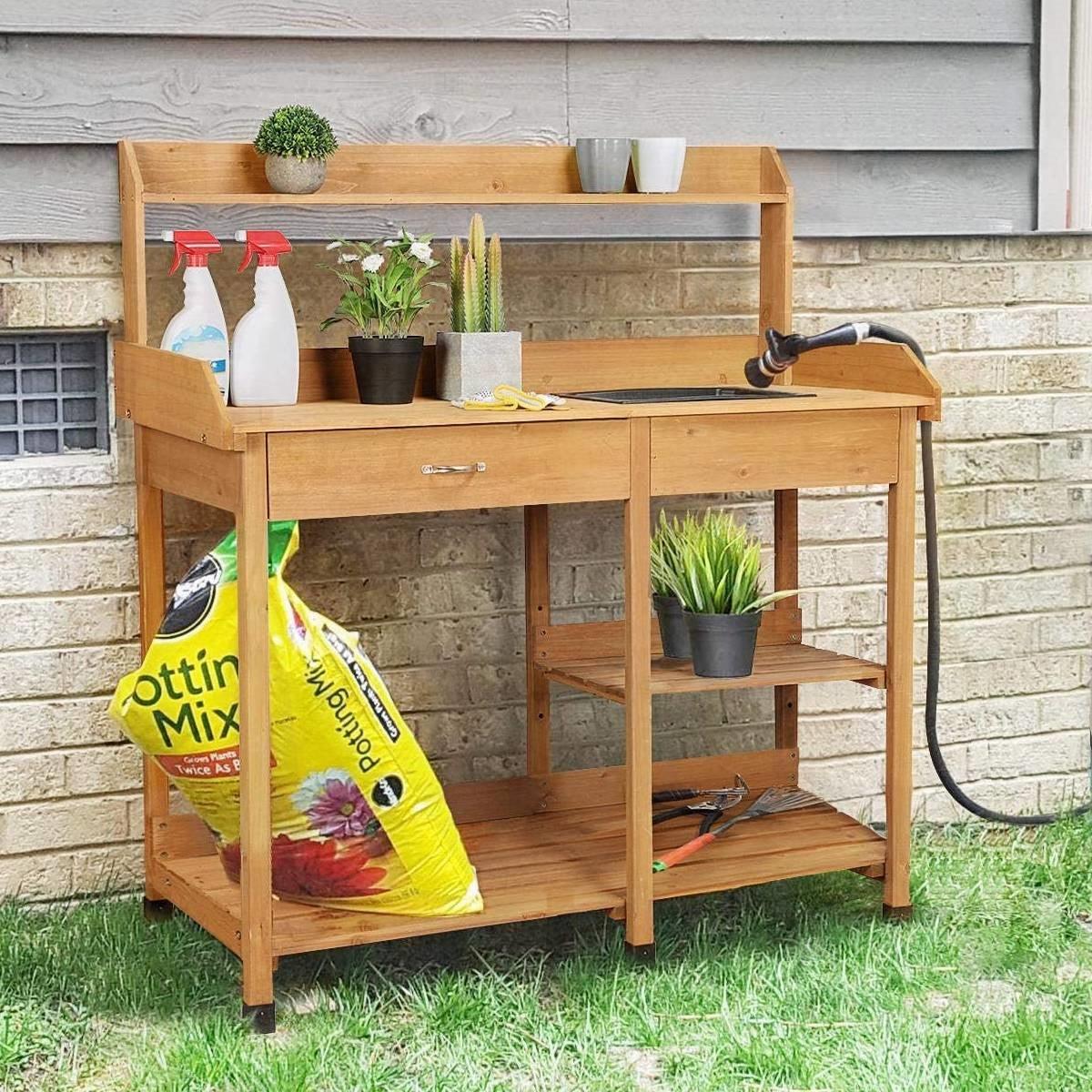 Outdoor Garden Wood Potting Bench Work Table with Sink in Light Oak Finish - PRHOMZ