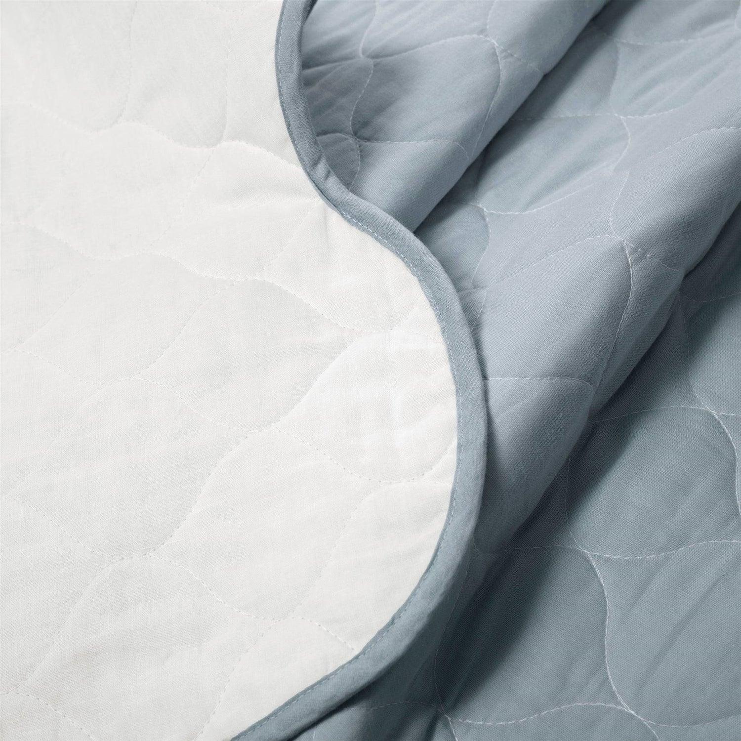 Full/Queen White Blue Scalloped Edge Reversible Thin Light Quilt Set - PRHOMZ