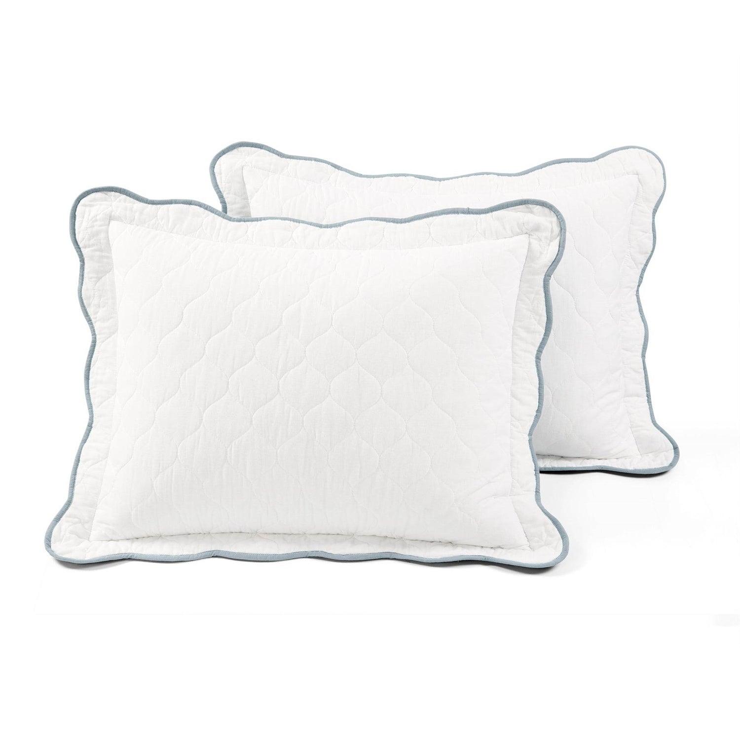 Full/Queen White Blue Scalloped Edge Reversible Thin Light Quilt Set - PRHOMZ