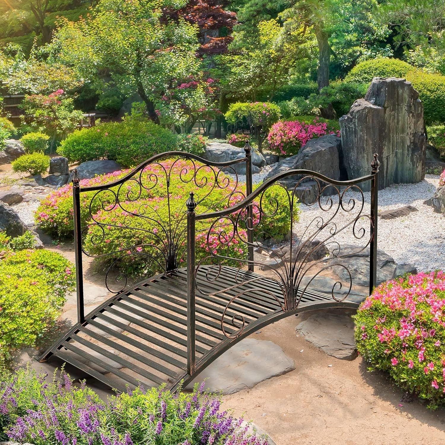 Outdoor 4-ft Heavy Duty Metal Garden Bridge in Black Bronze Finish - PRHOMZ