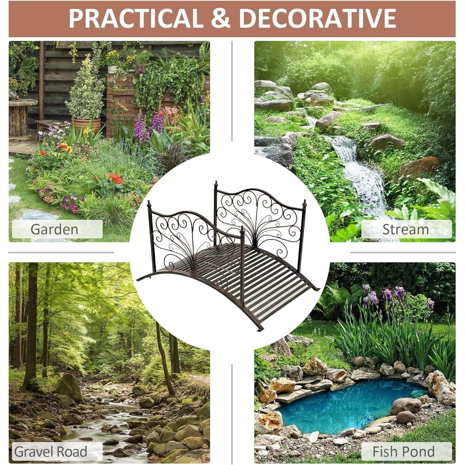Outdoor 4-ft Heavy Duty Metal Garden Bridge in Black Bronze Finish - PRHOMZ