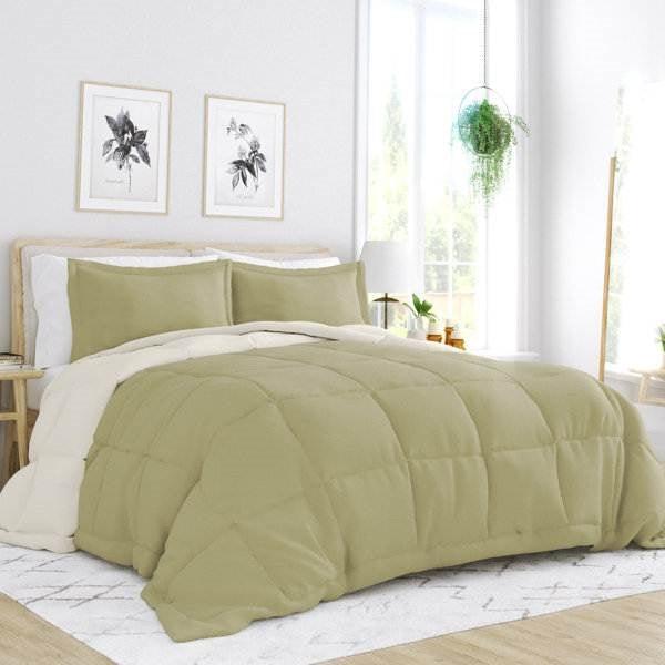 Full/Queen 3-Piece Microfiber Reversible Comforter Set in Sage Green/Cream - PRHOMZ