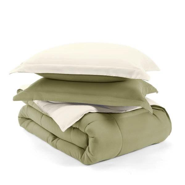 Full/Queen 3-Piece Microfiber Reversible Comforter Set in Sage Green/Cream - PRHOMZ