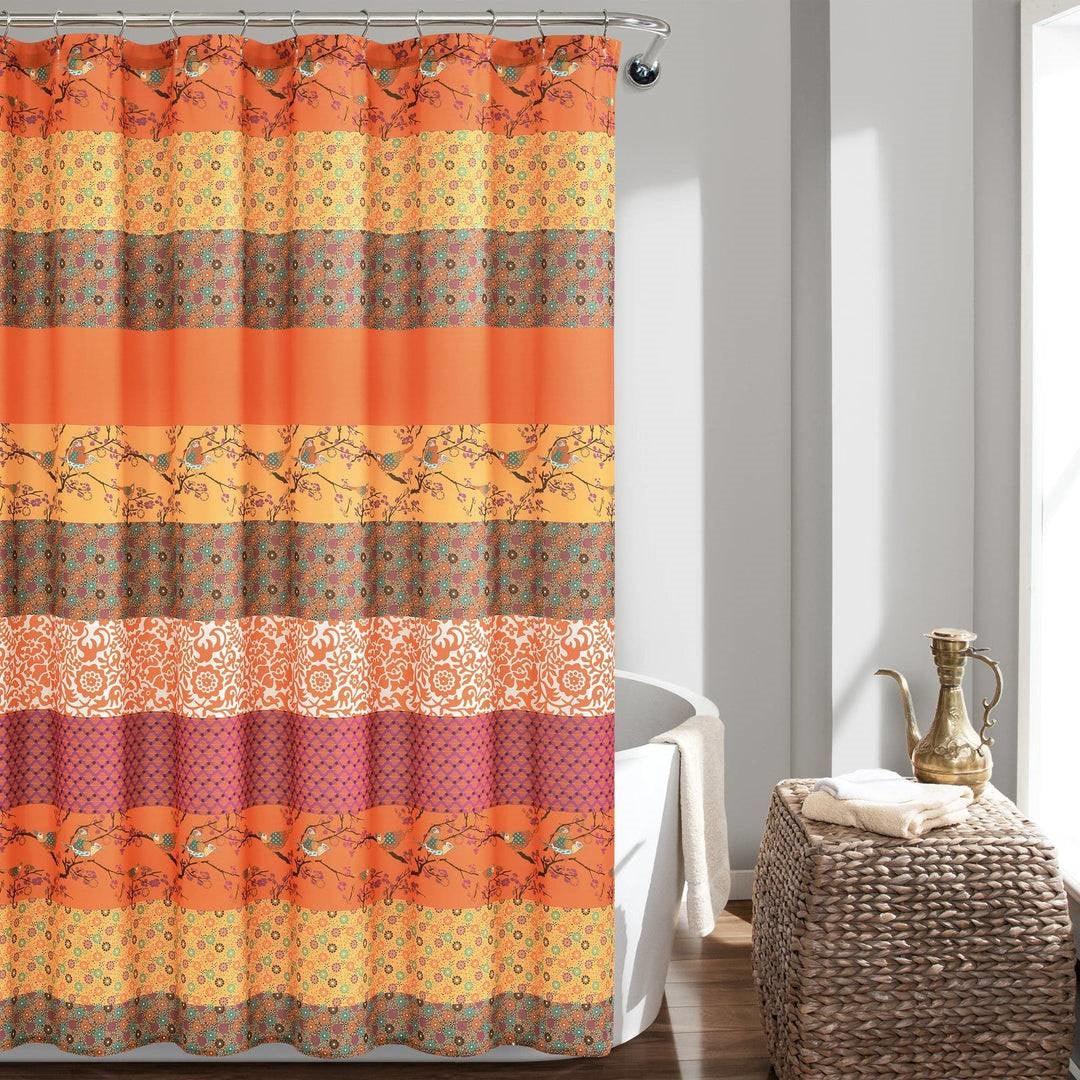 72-inch Orange Teal Floral Damask Boho Birds Polyester Shower Curtain - PRHOMZ