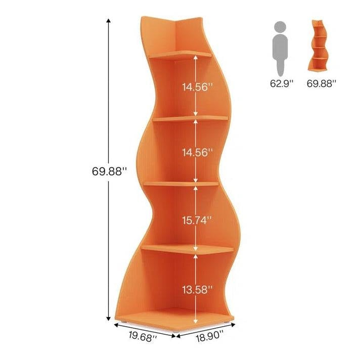 Modern Wave Shape 5 Shelf Corner Bookcase in Orange Wood Finish-1