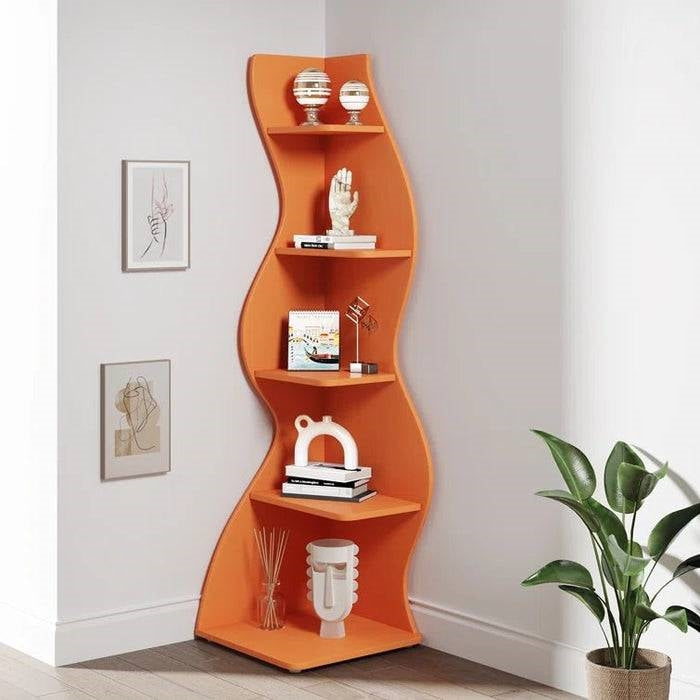 Modern Wave Shape 5 Shelf Corner Bookcase in Orange Wood Finish-2