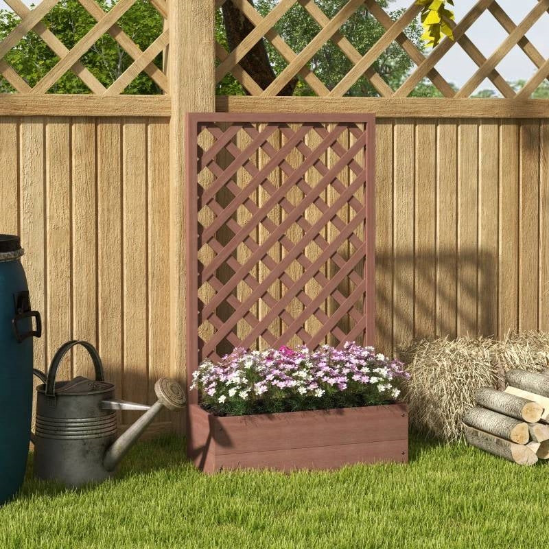 Outdoor Brown Wooden Raised Garden Bed Planter Box with Lattice Trellis-2