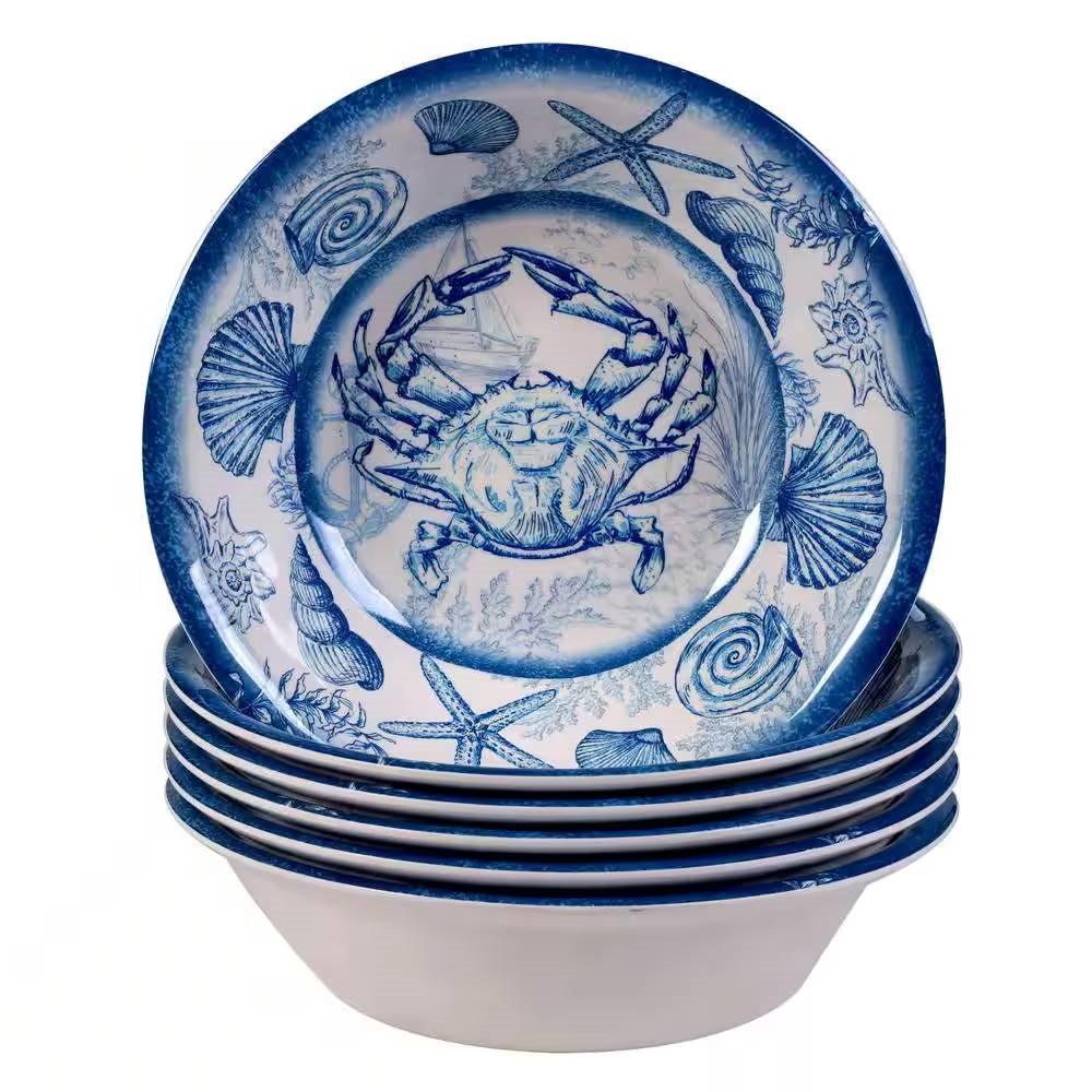6-Piece Dinner Bowl Set with Blue White Ocean Sea Shells Crab Starfish Pattern - PRHOMZ