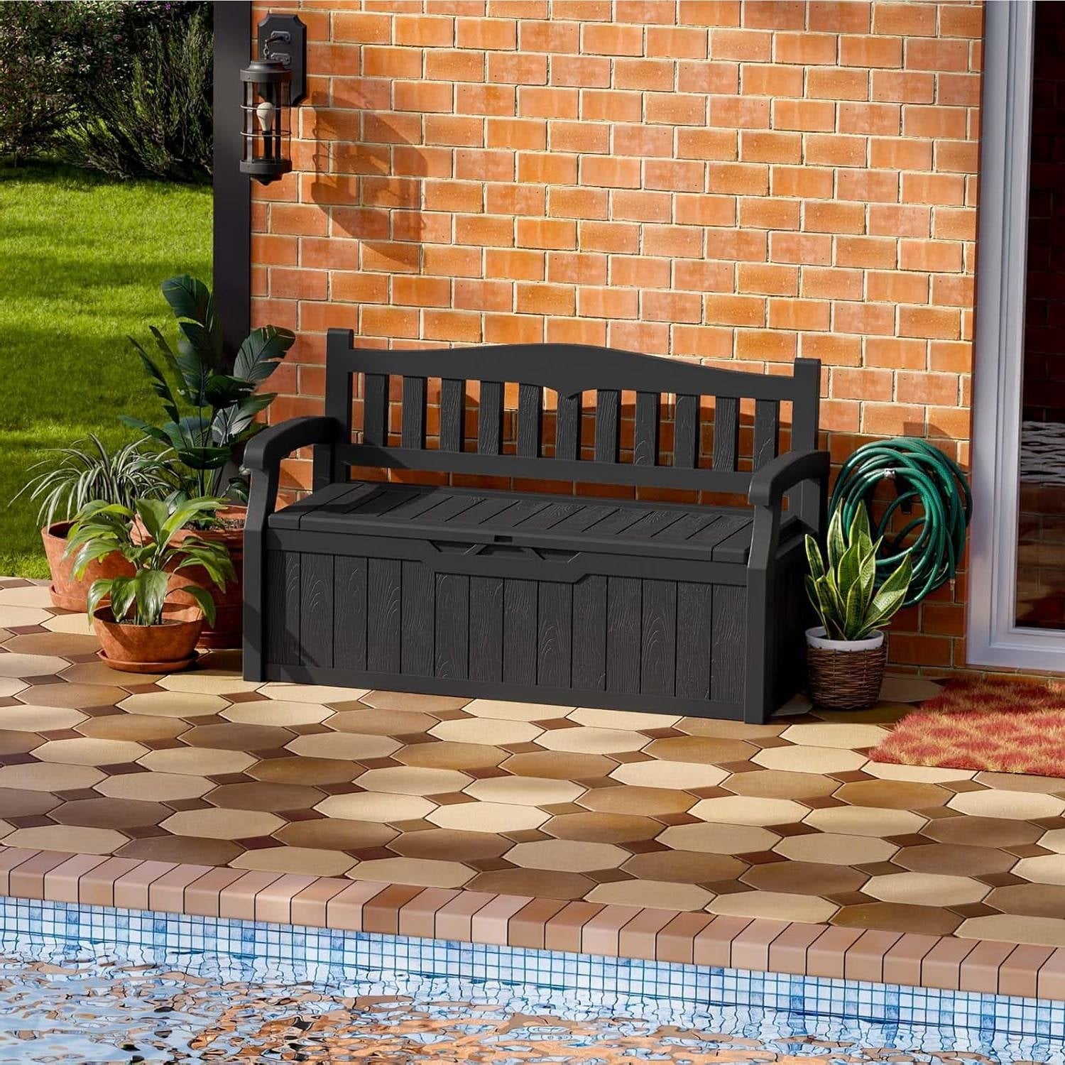 Heavy Duty Black Plastic Outdoor Storage Garden Bench Patio Deck Box-2
