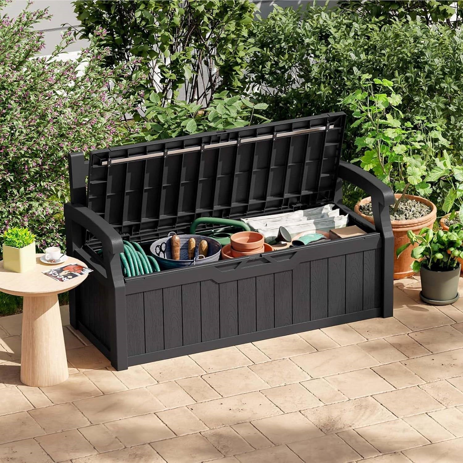 Heavy Duty Black Plastic Outdoor Storage Garden Bench Patio Deck Box-3