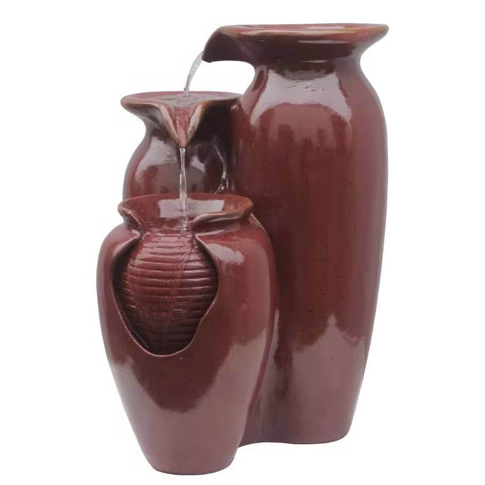 Outdoor Garden Patio 3-Tier Burgundy Red Ceramic-Look Polyresin Water Fountain - PRHOMZ