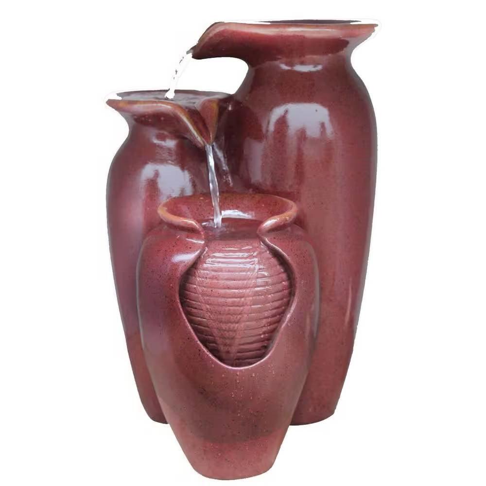 Outdoor Garden Patio 3-Tier Burgundy Red Ceramic-Look Polyresin Water Fountain - PRHOMZ