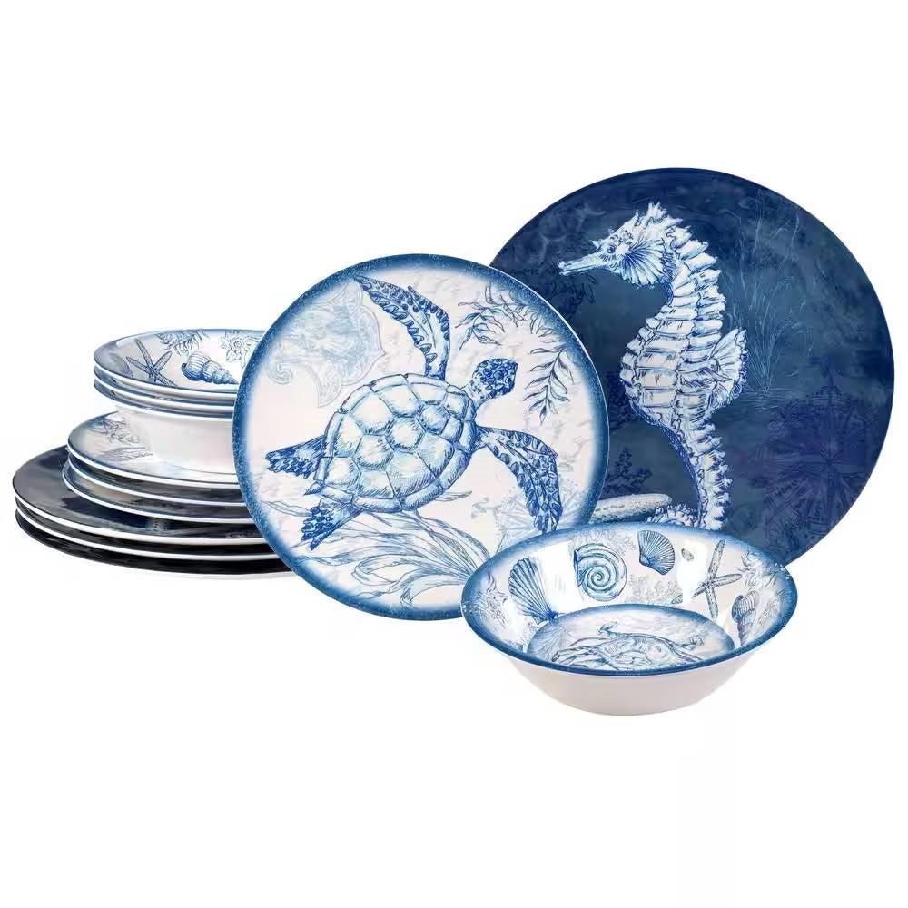 12-Piece Sea Shells Ocean Theme Dinnerware Set in Blue and White - Service for 4 - PRHOMZ