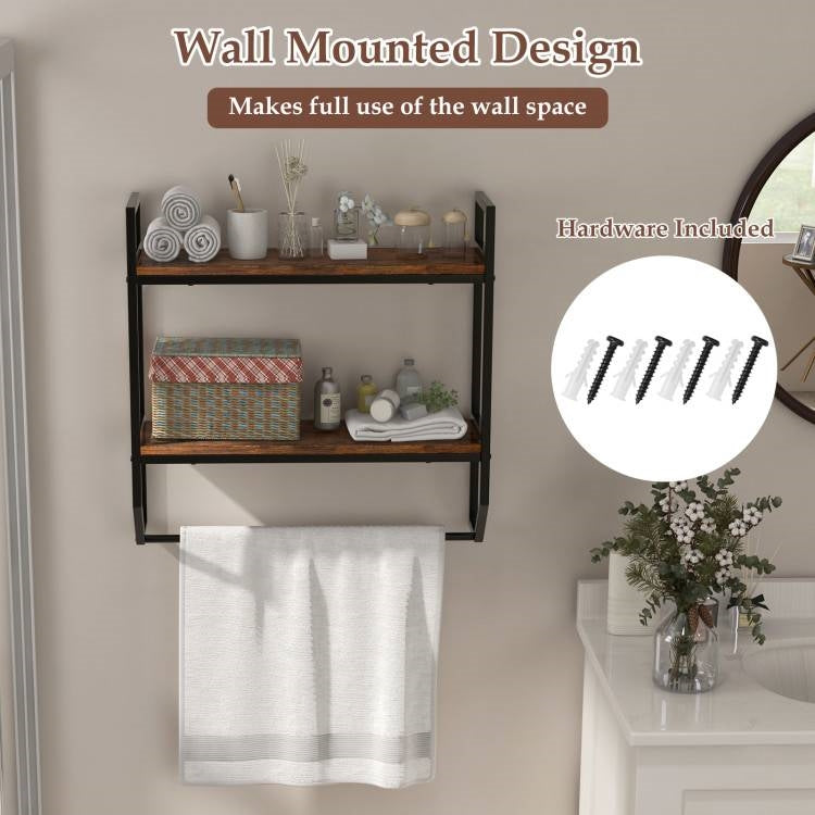 Wall Mounted Over Toilet 2-Shelf Bathroom Shelving Unit with Towel Bar-3