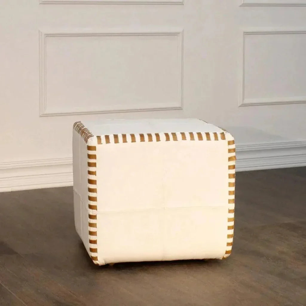 Ottoman Pouf Cube Stitched, White Leather