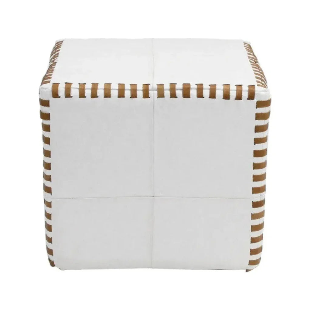 Ottoman Pouf Cube Stitched, White Leather