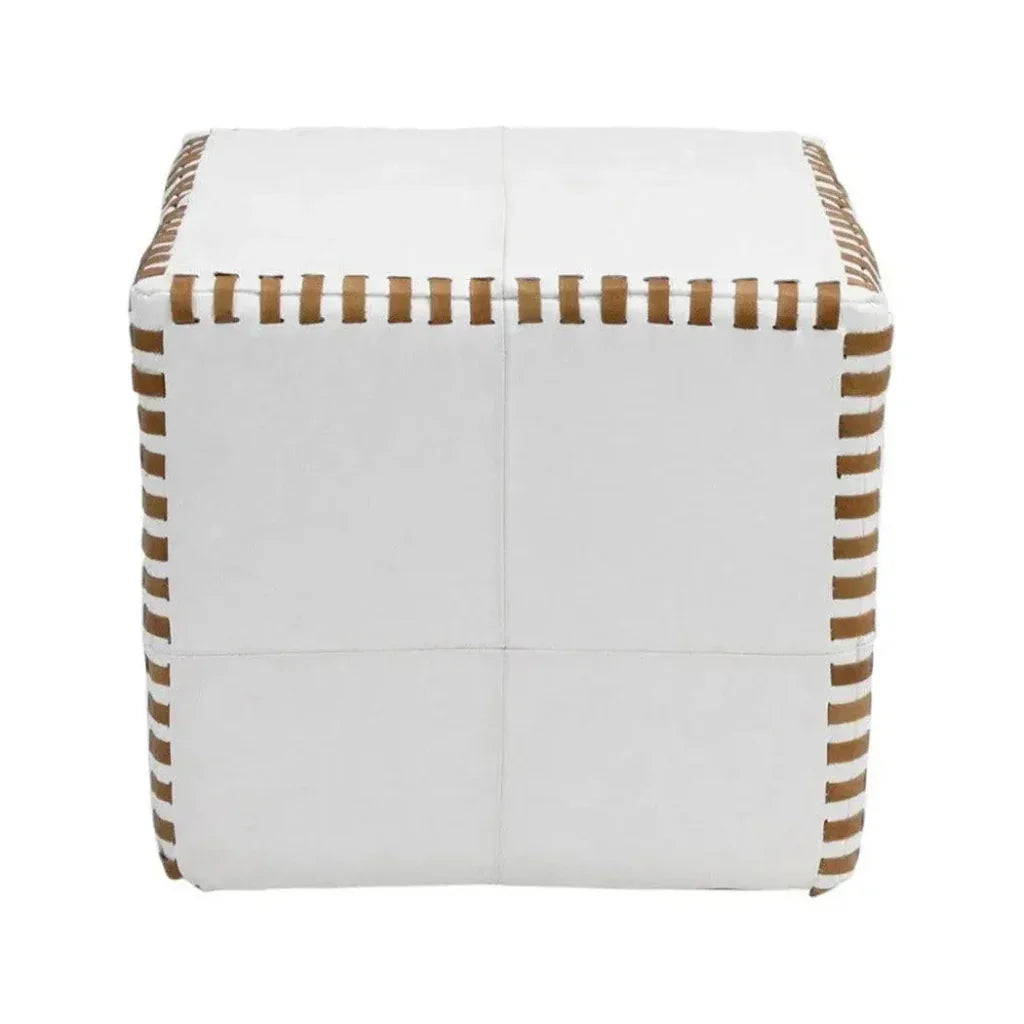 Ottoman Pouf Cube Stitched, White Leather
