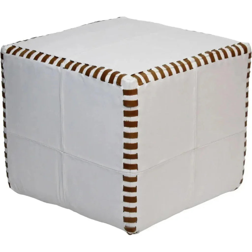 Ottoman Pouf Cube Stitched, White Leather
