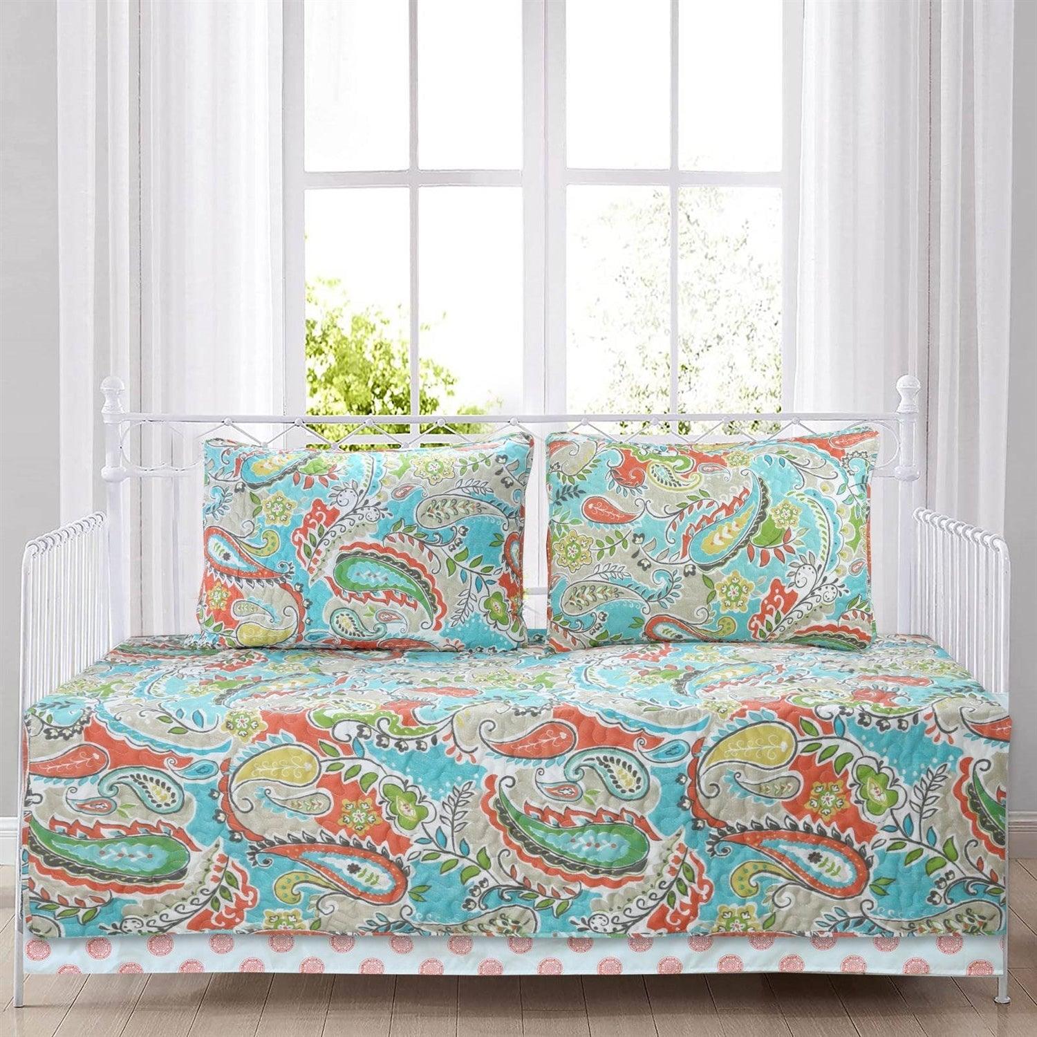 Aqua Paisley Floral 4 Piece Daybed Cover Set - PRHOMZ