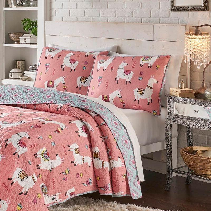 Twin/Twin XL Pink Blue Reversible Floral Llama Cotton Quilt Set - PRHOMZ