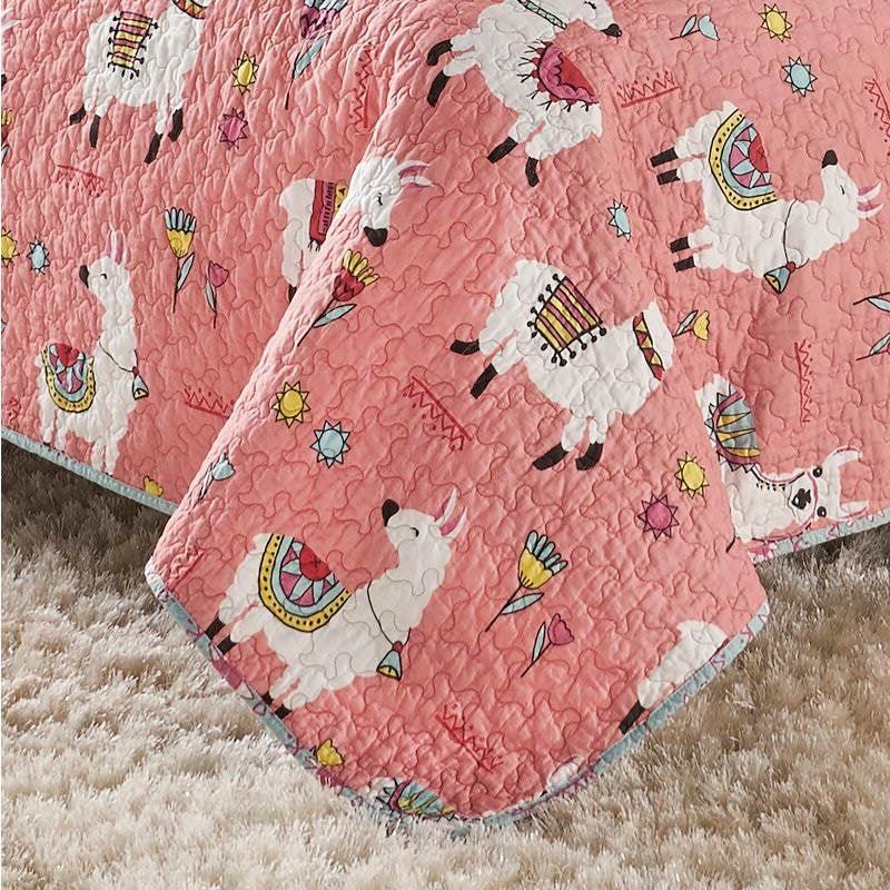 Twin/Twin XL Pink Blue Reversible Floral Llama Cotton Quilt Set - PRHOMZ