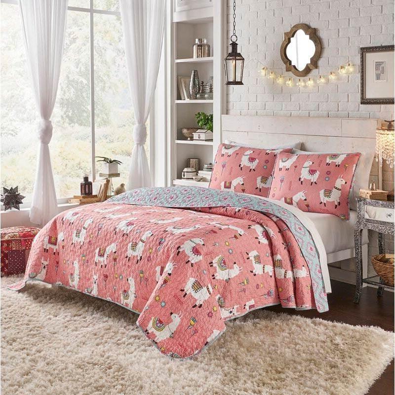 Twin/Twin XL Pink Blue Reversible Floral Llama Cotton Quilt Set - PRHOMZ