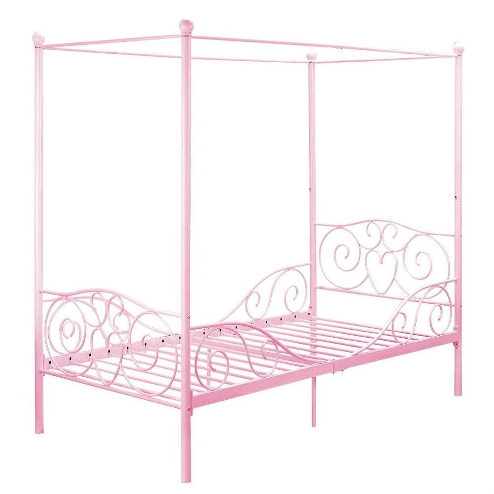 Twin size Sturdy Metal Canopy Bed in Pink - PRHOMZ