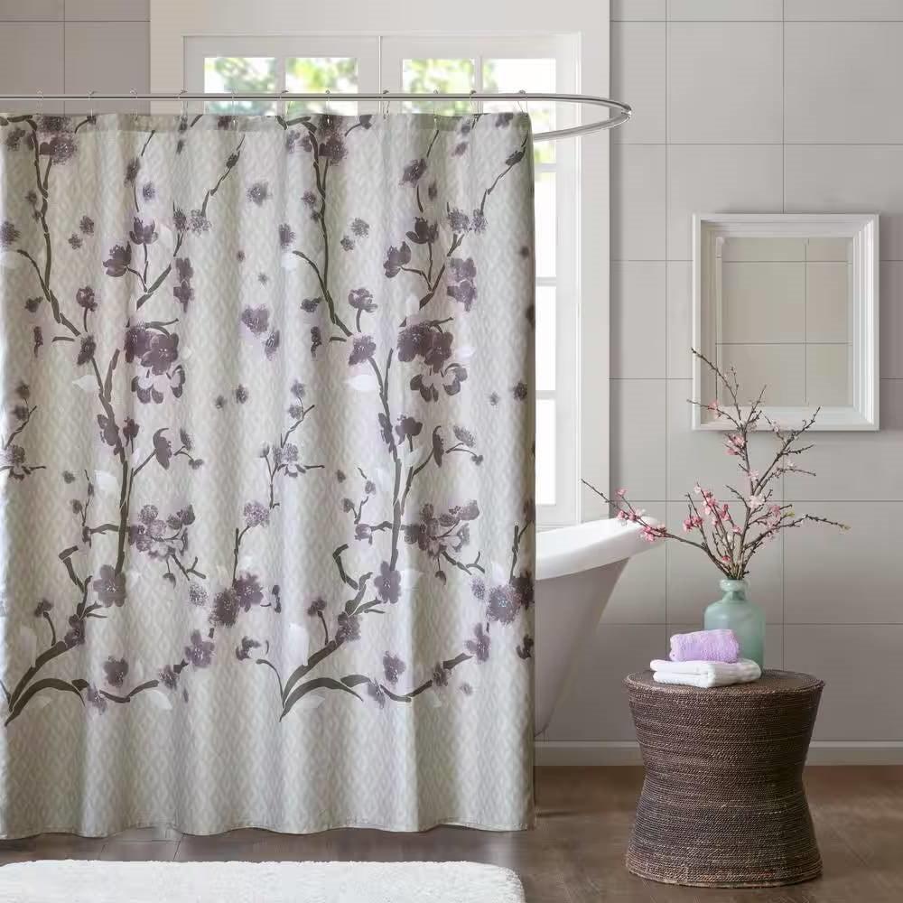 72 x 72 in Cotton Shower Curtain with Purple Grey Beige Floral Blossom Pattern - PRHOMZ
