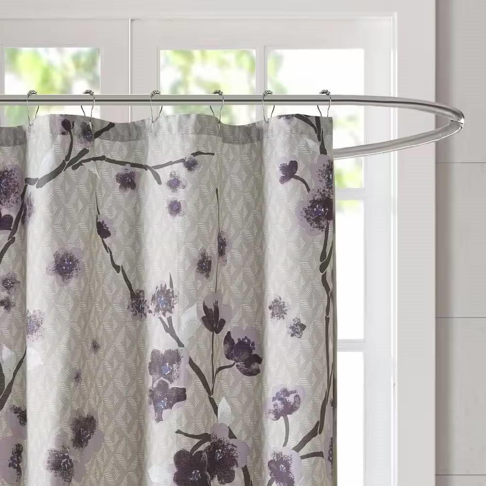 72 x 72 in Cotton Shower Curtain with Purple Grey Beige Floral Blossom Pattern - PRHOMZ