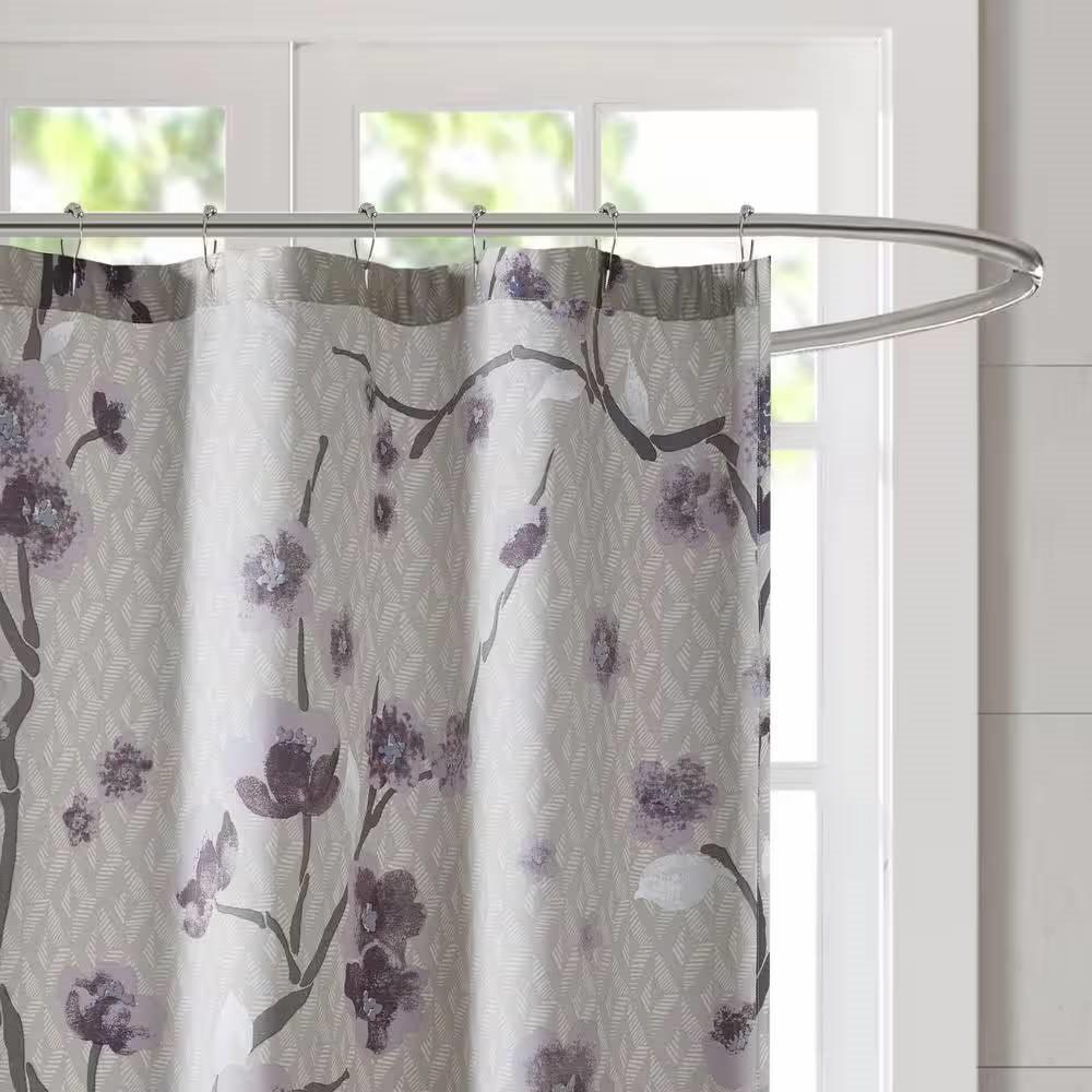 72 x 72 in Cotton Shower Curtain with Purple Grey Beige Floral Blossom Pattern - PRHOMZ
