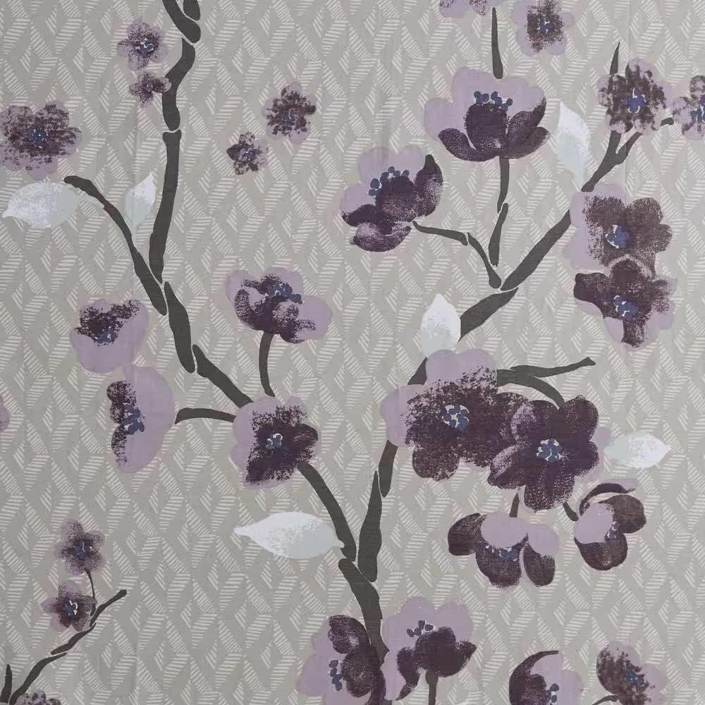 72 x 72 in Cotton Shower Curtain with Purple Grey Beige Floral Blossom Pattern - PRHOMZ