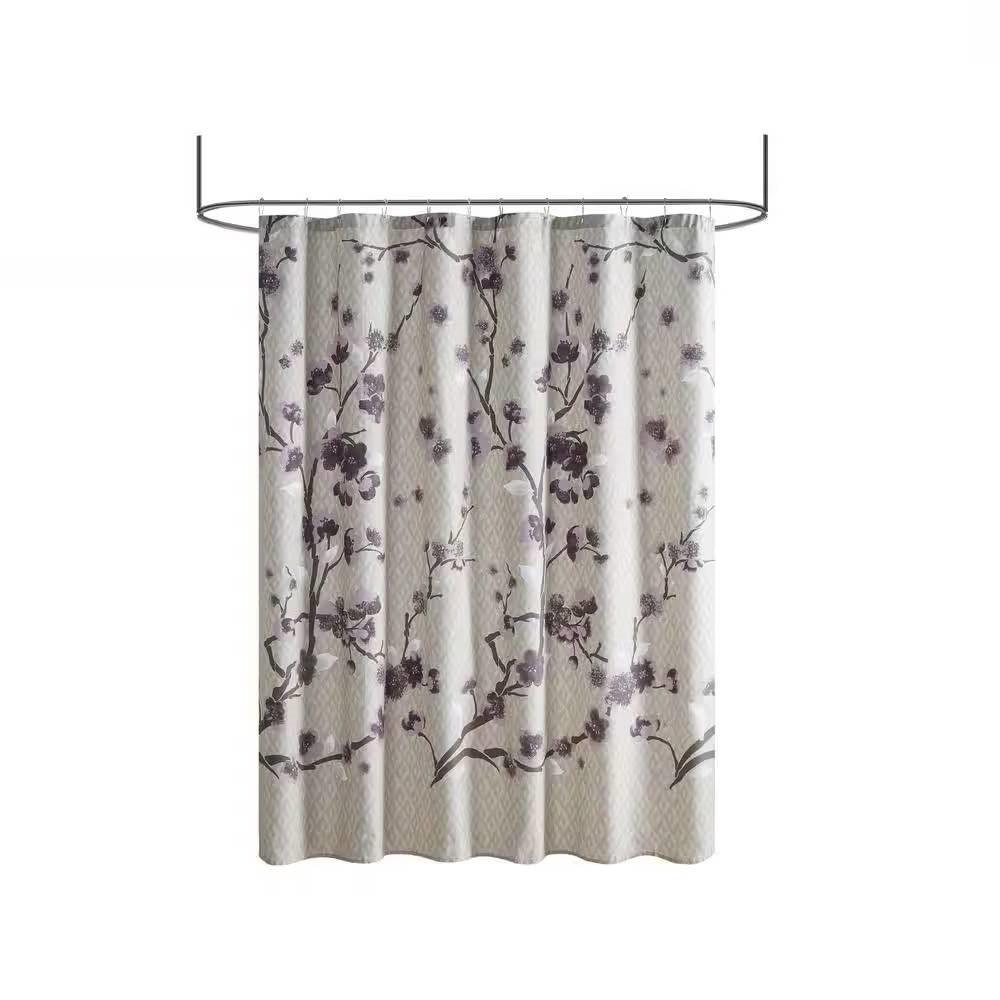 72 x 72 in Cotton Shower Curtain with Purple Grey Beige Floral Blossom Pattern - PRHOMZ