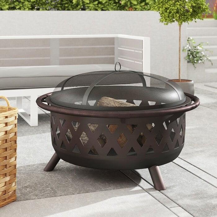 Weather Resistant Steel Wood Burning Fire Pit with Spark Screen - PRHOMZ
