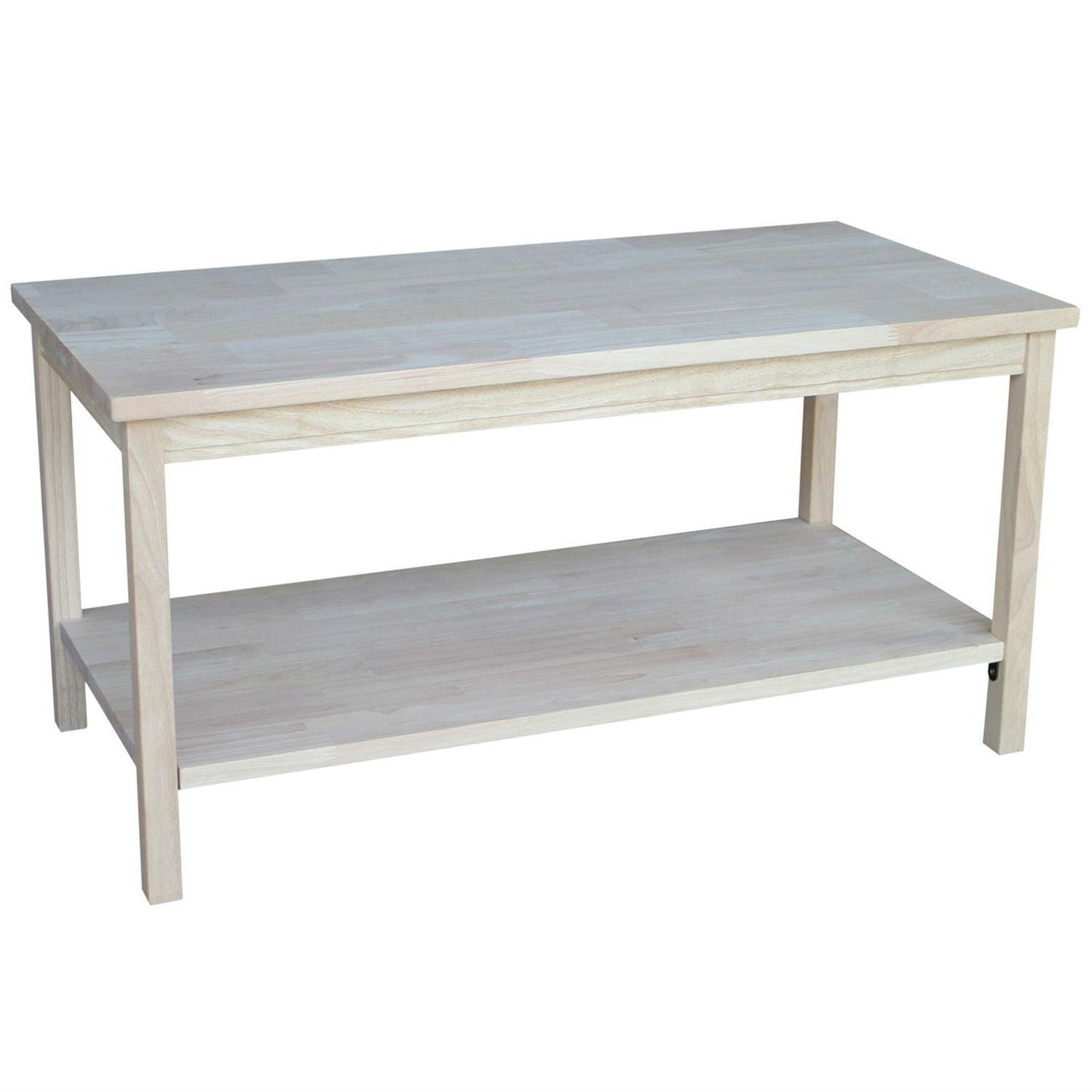 Unfinished Solid Wood Rectangular Coffee Table with Bottom Shelf - PRHOMZ