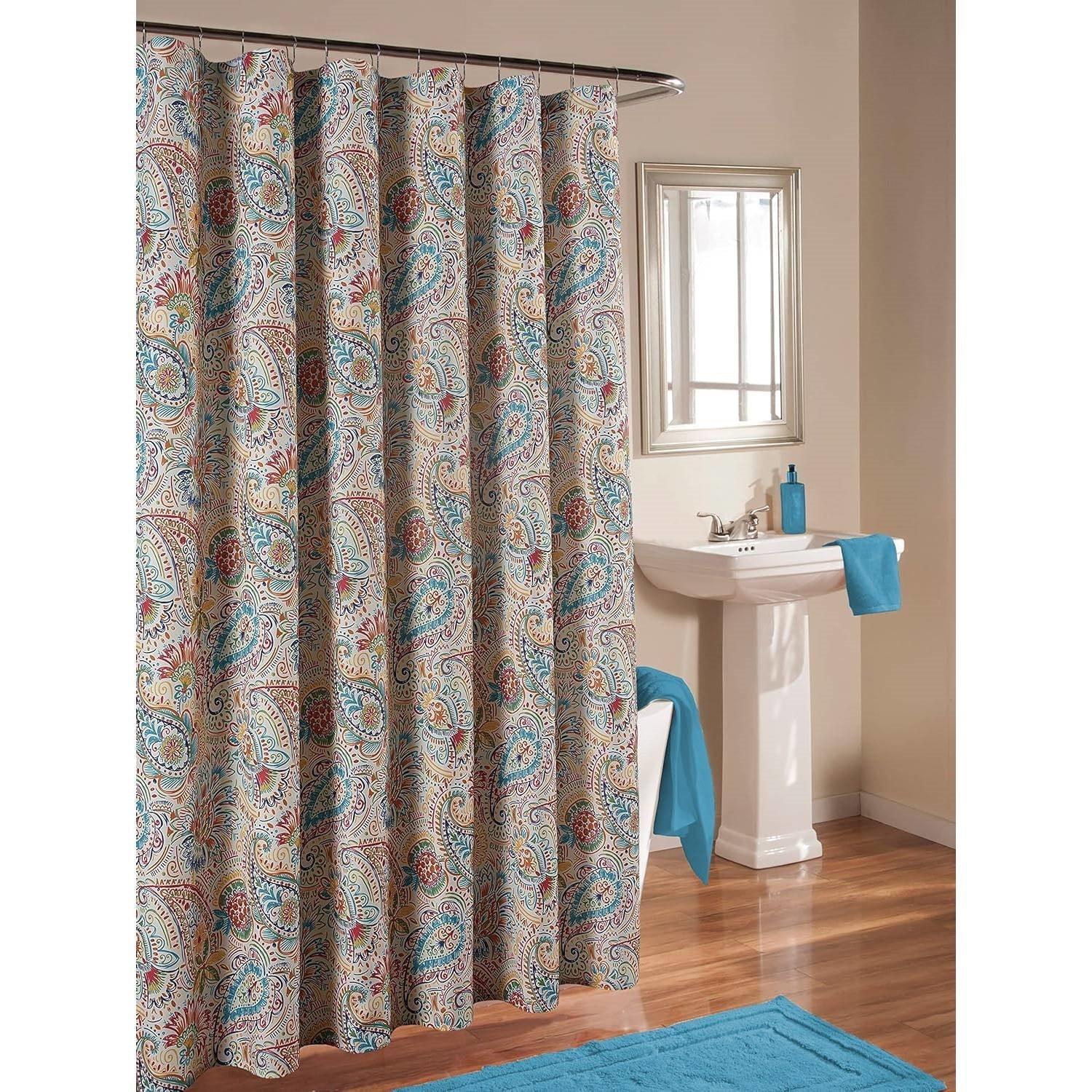 72-in. Paisley Polyester Fabric Shower Curtain in Vibrant Teal Red Yellow White - PRHOMZ